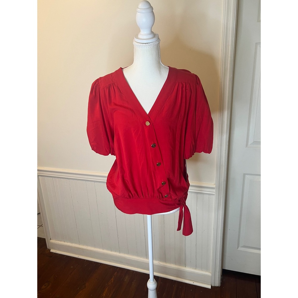 Karl Lagerfeld Paris Womens Red Puff Sleeve Button Side Tie Blouse Top NWT SizeM